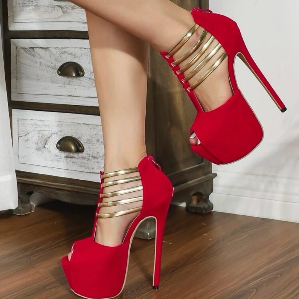 Women’s red faux suede peep toe platform stiletto sandals size